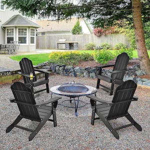 2-Piece Patio Plastic Adirondack Chair Weather Resistant Garden Deck with Cup Holder Black