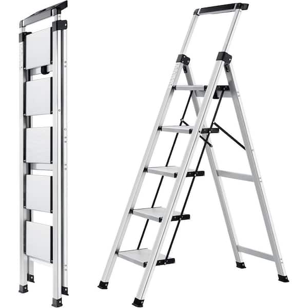 5 ft. Aluminum Folding Step Ladder with Retractable Handgrip, 330 lbs. Capacity