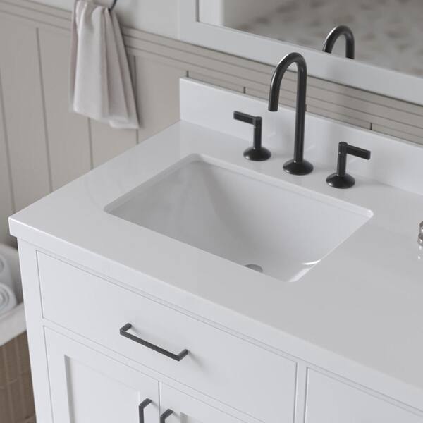 ARIEL - 43 in. W x 22 in. D in Pure White Quartz with 1.5 in. Thick Milter Edge with Rectangle Single Sink Vanity Top in. White