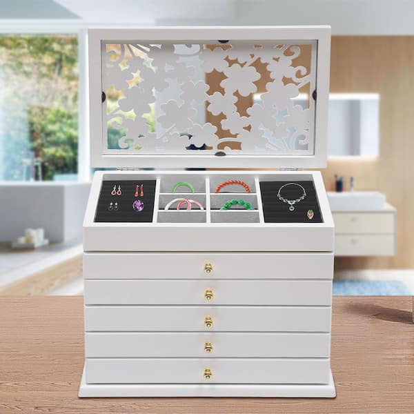 YIYIBYUS 9.6 in. x 7.9 in. x 12.2 in. White Wooden Jewelry Box HG