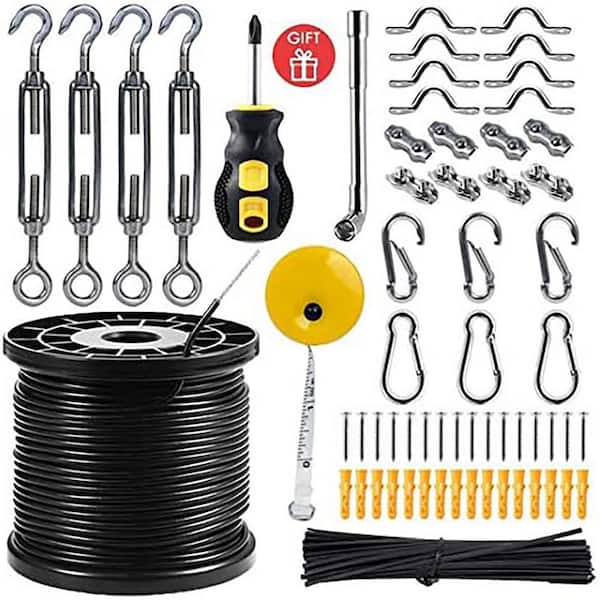 164 ft. Nylon Coated Stainless Steel 304 Wire Rope Guide Wire, Outdoor String Lights Hanging Kit w/Hardware Accessories