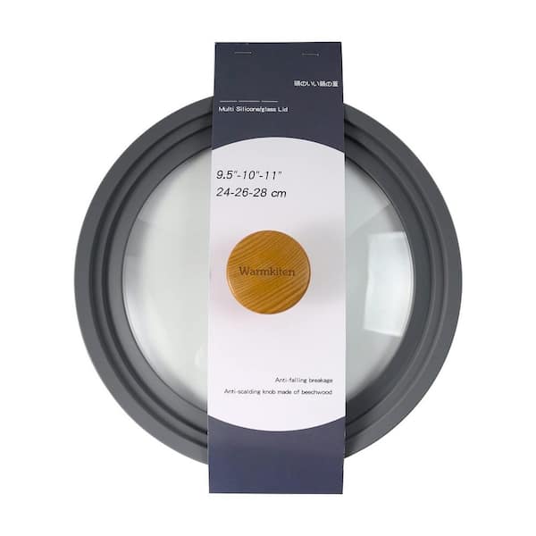 Universal Tempered Glass Lid Gray Silicone Rim Beechwood Knob Heat Resistant Features Kitchen Lid 1 Piece