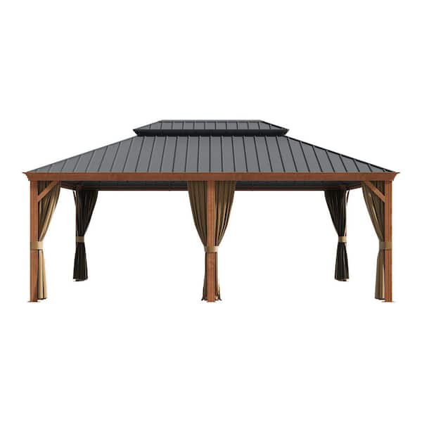 14 ft. x 20 ft. Double Galvanized Steel Roof Aluminum Frame Outdoor Patio Hardtop Gazebo Wooden Finish Coated