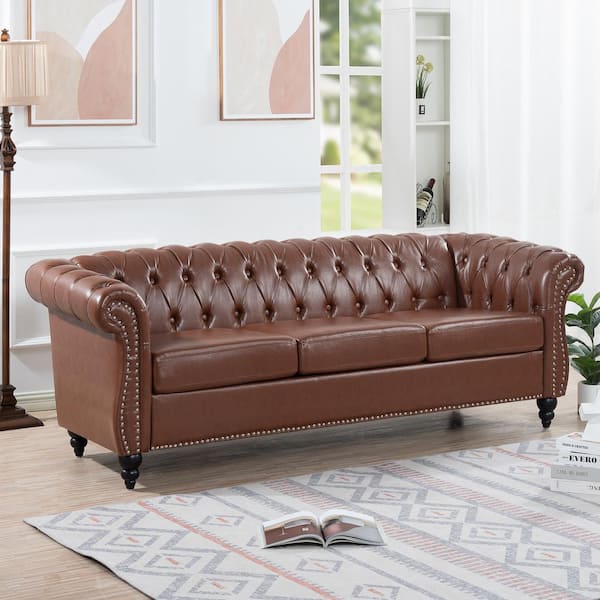 Harper & Bright Designs 84 in. W Rolled Arm Faux Leather Chesterfield ...