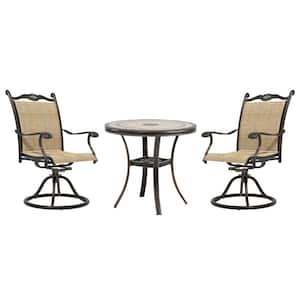 3-Piece Cast Aluminum Outdoor Dining Set with Text Ilene Swivel Chairs and Round Tile Dining Table