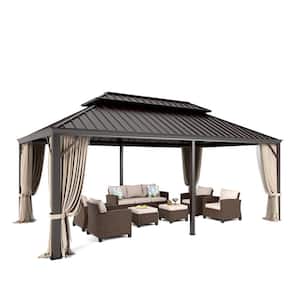 12 ft. x 20 ft. Gakvanized Steel Hardtop Gazebo With Mosquito Net and Privacy Curtain