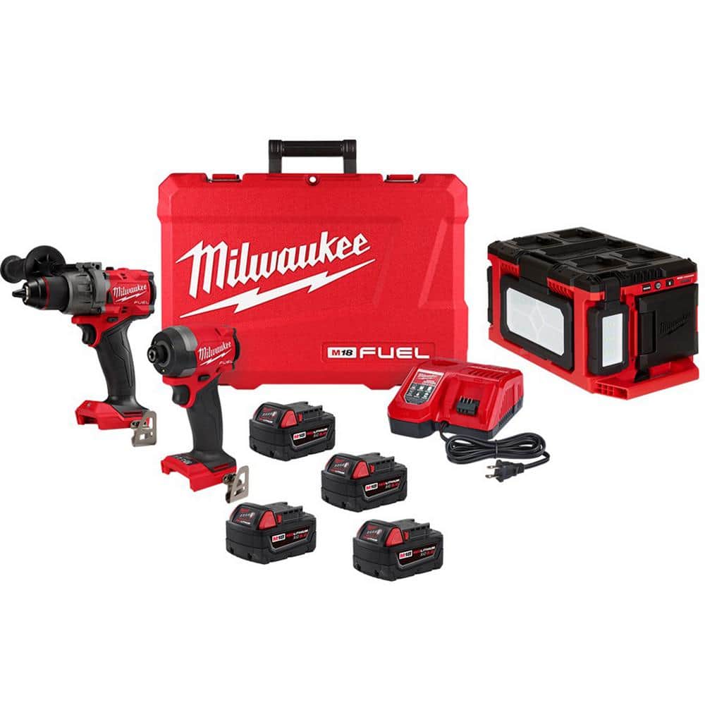 Milwaukee M18 FUEL 18-Volt Li-Ion Brushless Cordless Hammer Drill and Impact Driver Combo Kit (2-Tool) w/4 Batteries & Work Light -  3697-22-48-11-5