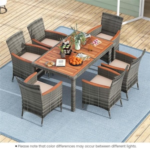 7-Piece Acacia Wood Rectangle 29 in Outdoor Dining Set with Cushion Beige