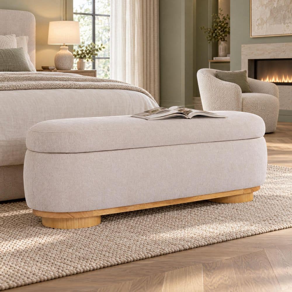 Modern 50.79 in. Beige Chenille Upholstered Oval Flip-Top Hallway Entryway Bedroom Storage Bench price history on PriceWatchPro