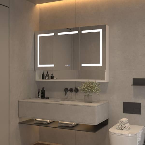 OLUMAT 48.1 in. W x 32 in. H Rectangular LED Anti-Fog Medicine Cabinet with Mirror, External Shelf