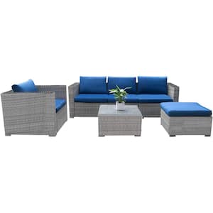 6-Piece Wicker Outdoor Sectional Set with Blue Cushion