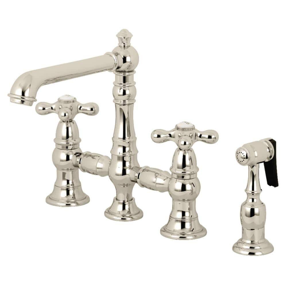 Kingston Brass English Country 2-Handle Bridge Kitchen Faucet with Side Sprayer in Polished Nickel