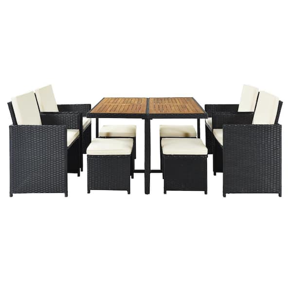 Tunearary 9-Piece Black PE Wicker Outdoor Dining Table Set Wood Tabletop Table Chair with Beige Cushion