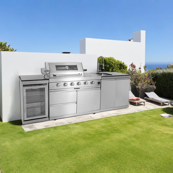 Deluxe Series 4-Burner Natural Gas Grill Island 46 in. Stainless Steel with Rotisserie, Storage Cabinets and Drawers