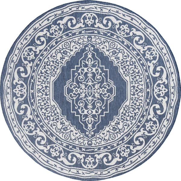 Eco Floral Navy 6 ft. Round Indoor/Outdoor Area Rug