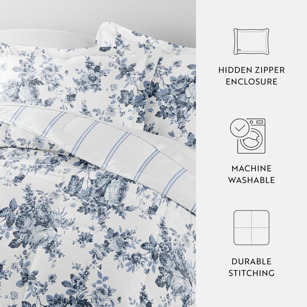 Blue Floral Reversible Down Alternative Comforter Set, Full