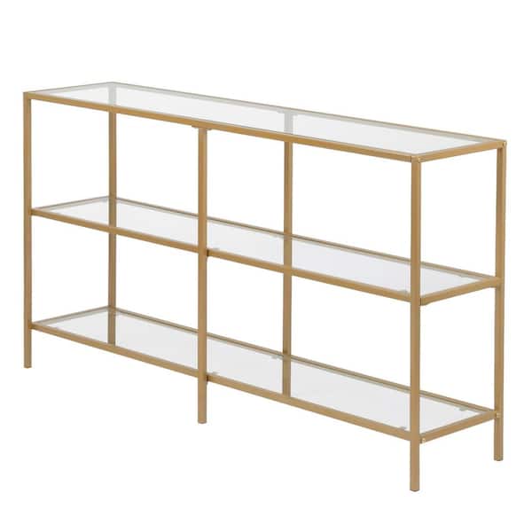 Karl home 51.19 in. Clear and Gold Rectangle Glass Metal Frame Console Table with 2-Shelves