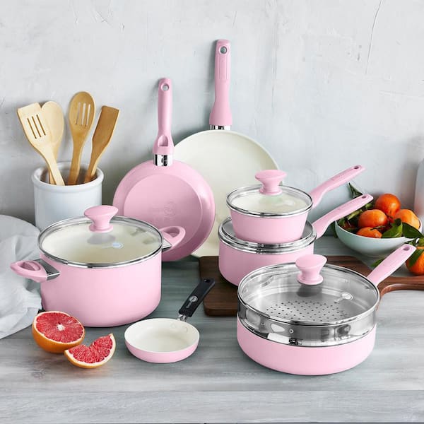 GreenPan Rio Healthy Ceramic Nonstick 16 Piece Cookware Pots and Pans Set  in Pink CC005936-001 - The Home Depot