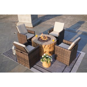 Orabelle 5-Piece Wicker Patio Conversation Set with Fire Pit and Beige Cushions