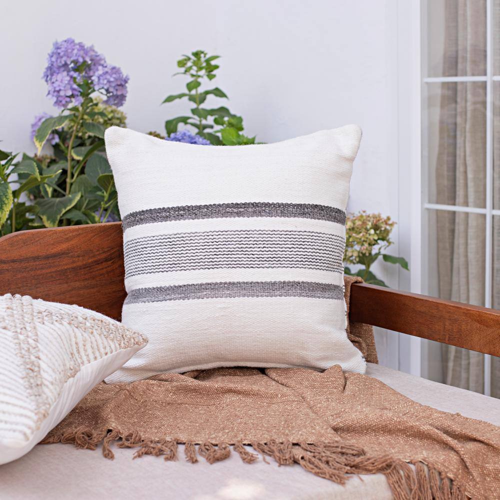 20" White and Gray Striped Hand-Woven Square Throw Pillow