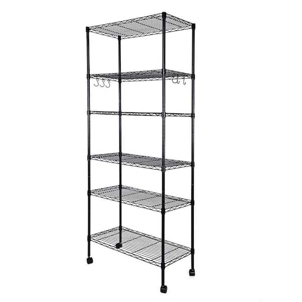 6 Tier Heavy Duty Shelving with Wheels, Hanging Hooks, Wire Shelving, Adjustable Storage Units in Black