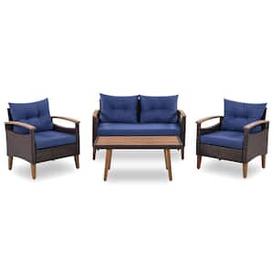 4-Piece Brown Wicker Patio Conversation Set with Blue Cushion and Coffee Table for Garden, Backyard and Poolside