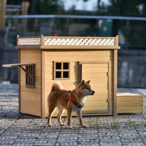 39.4 in. Outdoor and Indoor Wooden Pet Dog House Puppy Kennel Crate with Wood Feeder in Natural