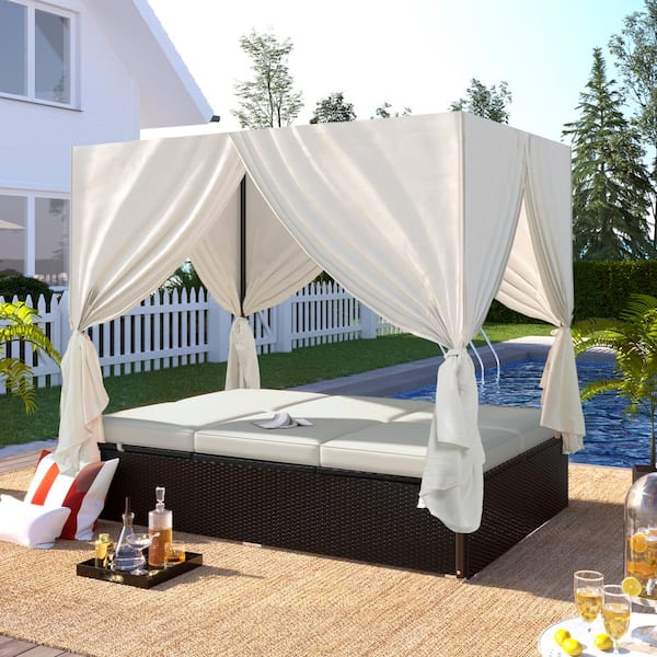 Nestfair Adjustable Wicker Outdoor Day Bed with Beige Cushions