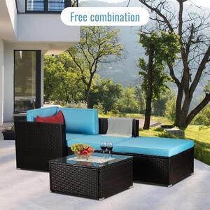 Brown 4-Piece PE Wicker Outdoor Sectional Sofa Set with Blue Cushions and 1 Red Pillow Garden Patio Furniture Sets