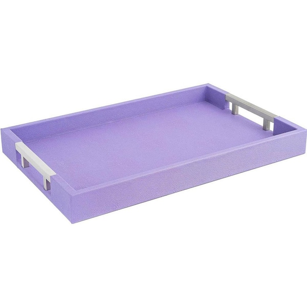 Lavender/Silver Rectangular Faux Leather Decorative Serving Tray with Handles