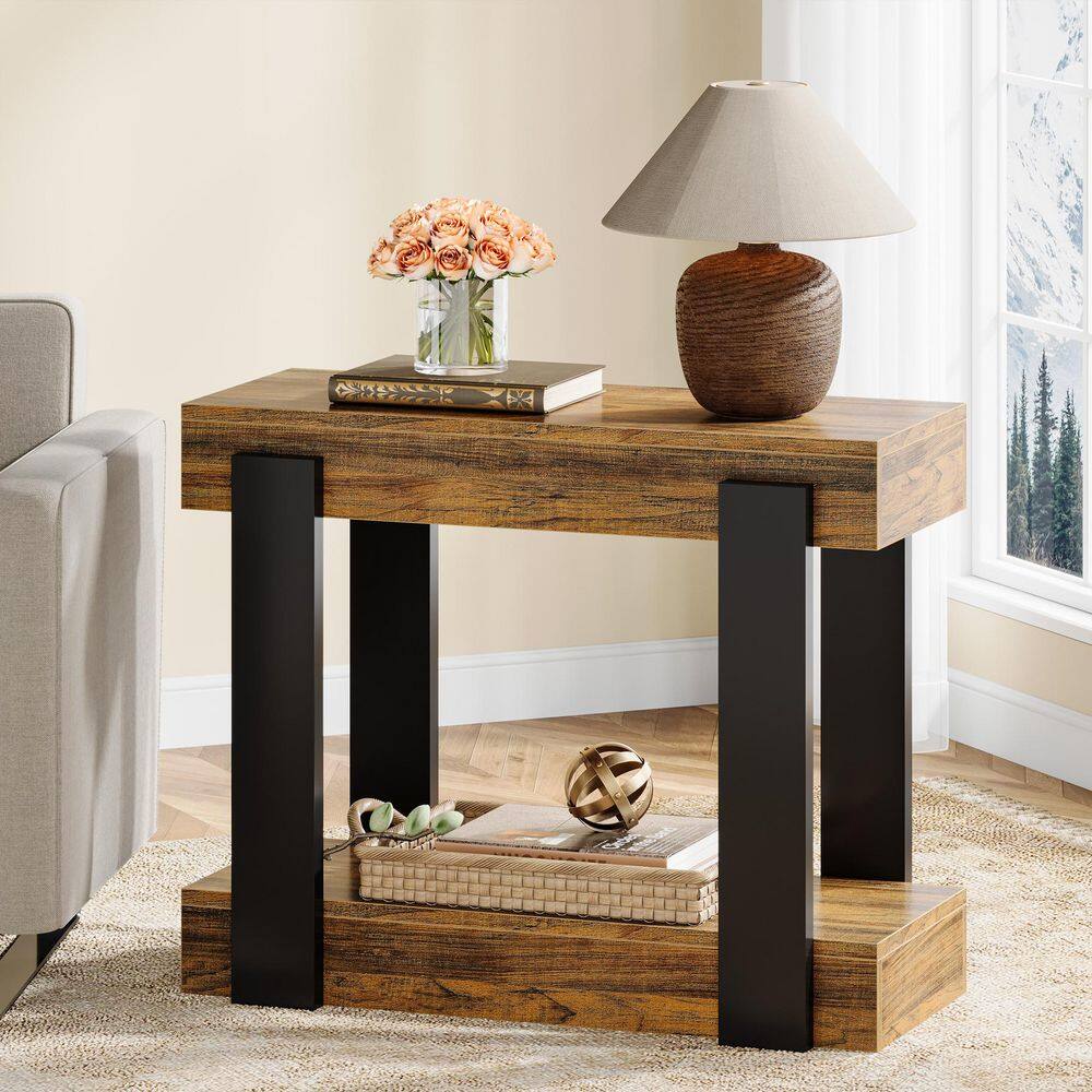 31.5 in. Farmhouse Black Brown Rectangular Engineered Wood Narrow End Table with Storage, Side Table for Living Room