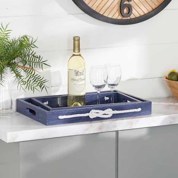 Litton Lane Blue Wood Decorative Tray (Set of 2)