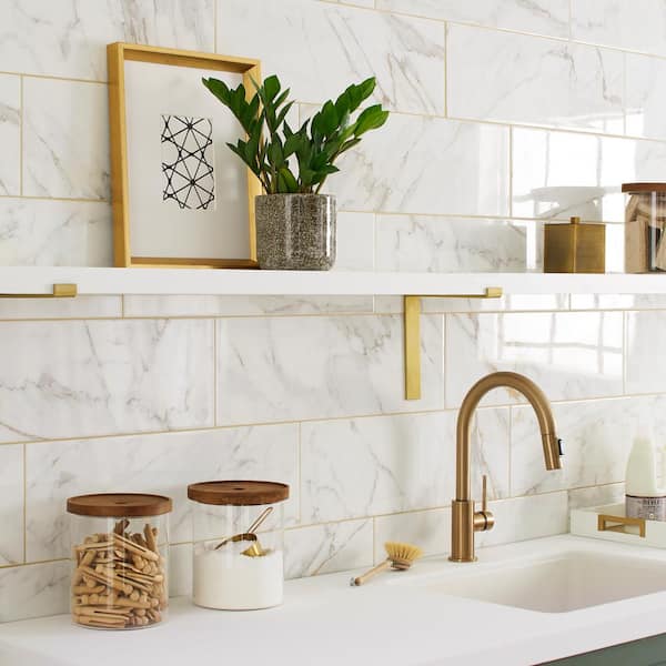 LuxeCraft Calacatta Gold Marble 4 in. x 6 in. Glazed Ceramic Sample Tile