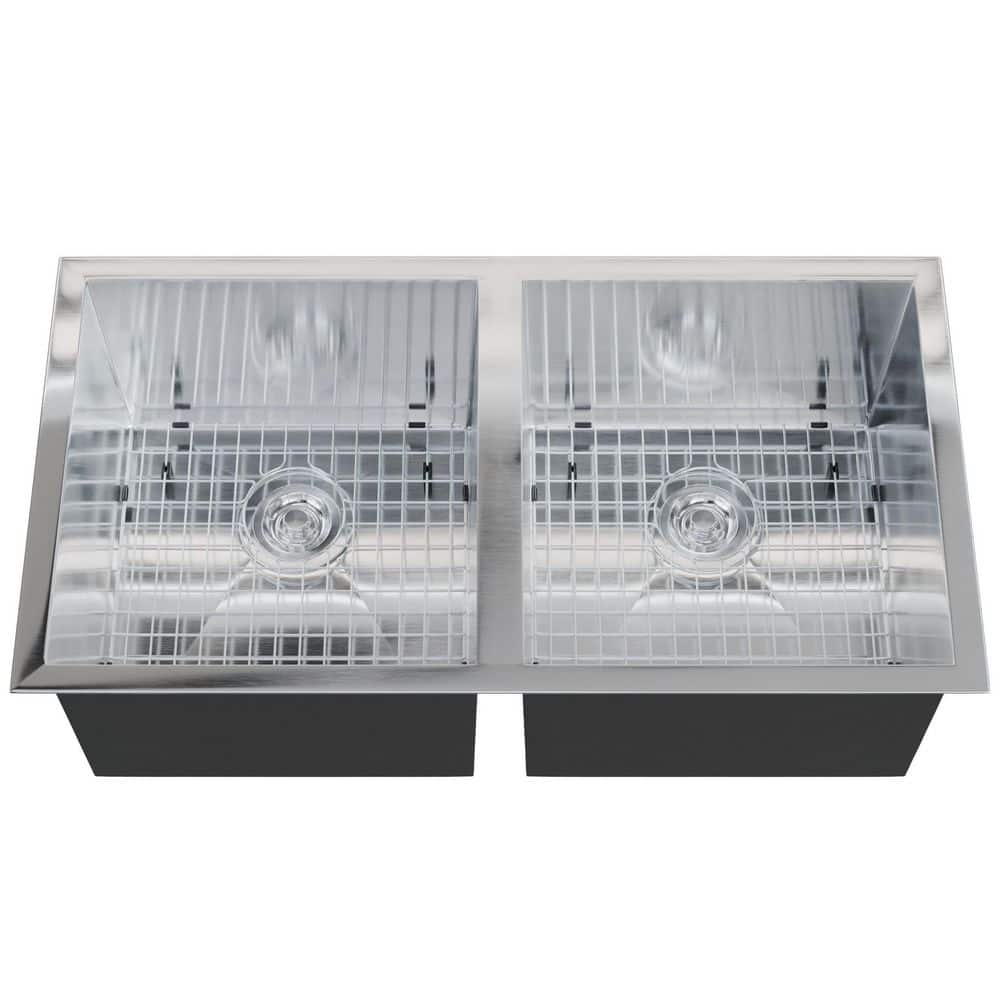 Zero Radius 33 in. Drop-In/Undermount Double Bowl 18-Gauge Stainless Steel Kitchen Sink with Drain and Bottom Grid Kits price history on PriceWatchPro