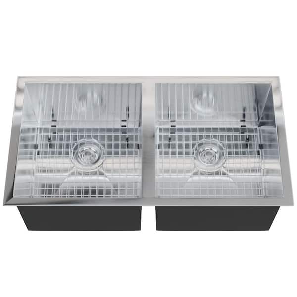Zero Radius 33 in. Drop-In/Undermount Double Bowl 18-Gauge Stainless Steel Kitchen Sink with Drain and Bottom Grid Kits