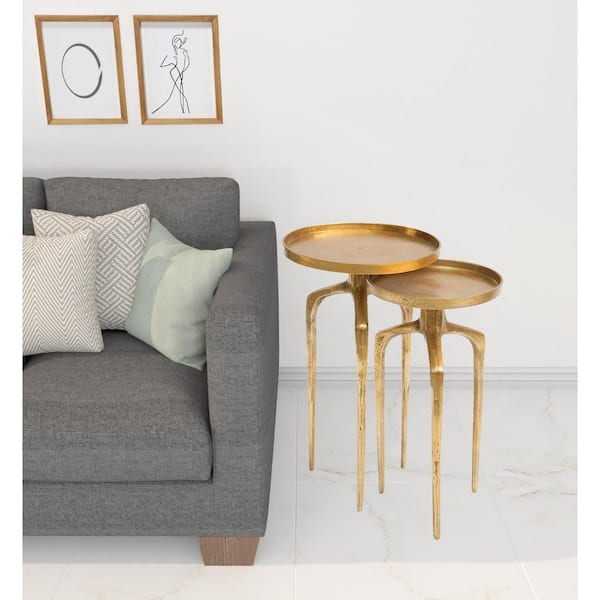 HomeRoots 13.3 in. Gold Round Metal End Table (Set of 2)