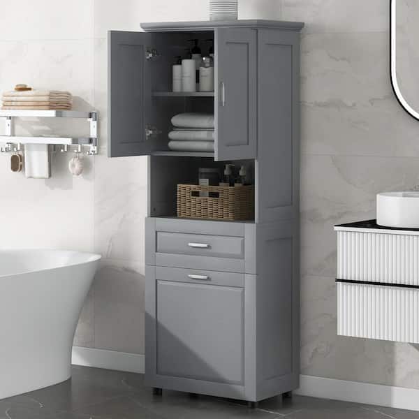 25 in. W x 16 in. D x 70 in. H Gray MDF Freestanding Linen Cabinet with Laundry Basket, Drawers, Adjustable Shelf