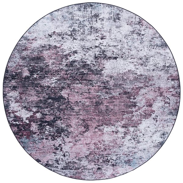 Tacoma Plum/Black 8 ft. x 8 ft. Machine Washable Distressed Gradient Round Area Rug