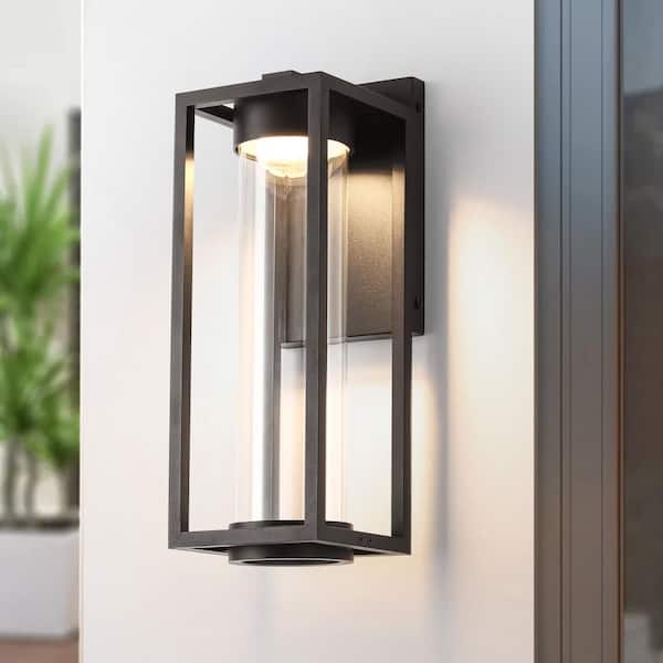 Salween 15W Matte Black Modern Rectangular Frame Outdoor LED Wall Sconce with Clear Glass Tube and IP54 Rating