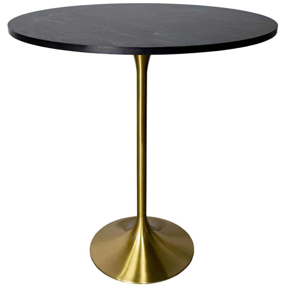 Round Black Marbleized MDF Bar Height Table with Gold Pedestal Base