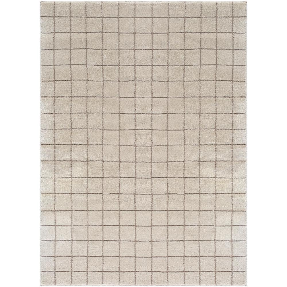 Ivory and Taupe High Pile Grid Area Rug