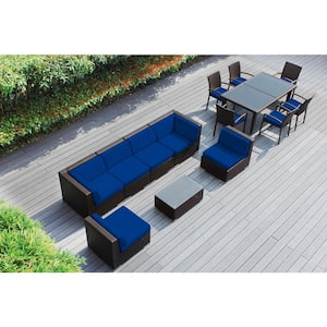 Ohana Dark Brown 14-Piece Wicker Patio Conversation Set with Stackable Dining Chairs and Sunbrella Pacific Blue Cushions