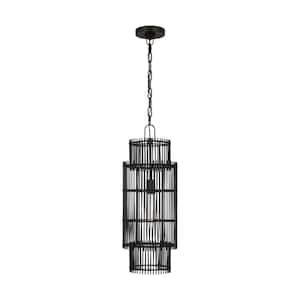 Elio Small 1-Light Aged Iron Hanging Pendant Light with Black Bamboo Shade