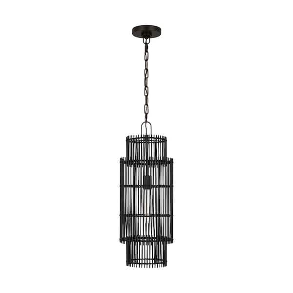 Generation Lighting Elio Small 1-Light Aged Iron Hanging Pendant Light with Black Bamboo Shade