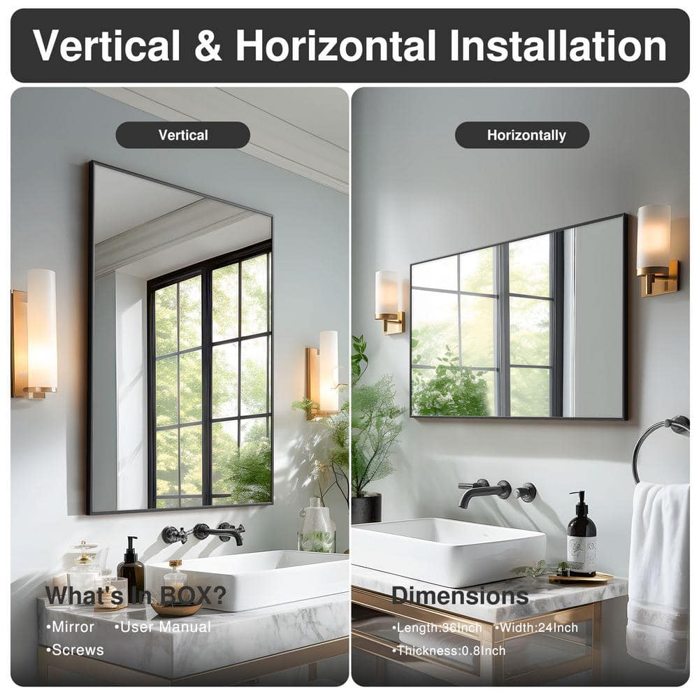 24" x 36" Black Metal Framed Rectangular Vanity Mirror