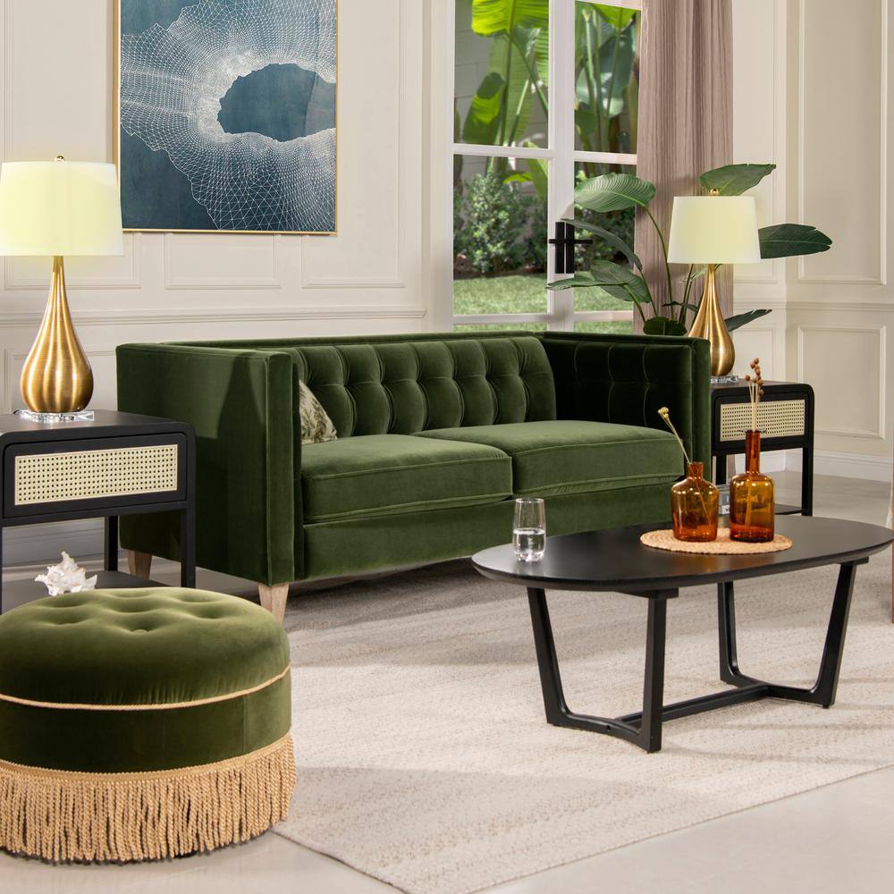 James 74" Olive Green Velvet Tuxedo Sofa with Wood Legs