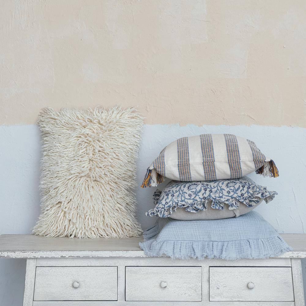 Gray and Yellow Striped Cotton Square Throw Pillow with Fringe