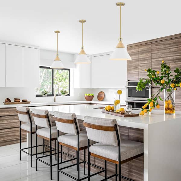 13 in. Modern Gold Hanging Kitchen Pendant Light with White Metal Cone Shade, Hand-Woven Rope