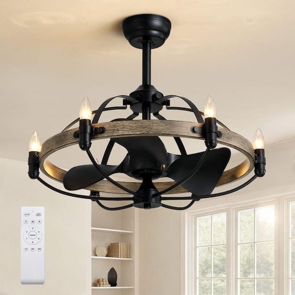27 in. Farmhouse Downrod Mount Indoor Ash-Brown Black Caged Fandelier Ceiling Fan with 6-Light Candelabra and Remote