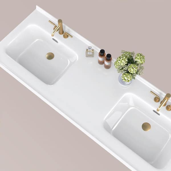 61 in. W x 22 in. D Solid Surface Resin White Vanity Top Rectangular Double Sink Bathroom Vanity Top in Glossy White